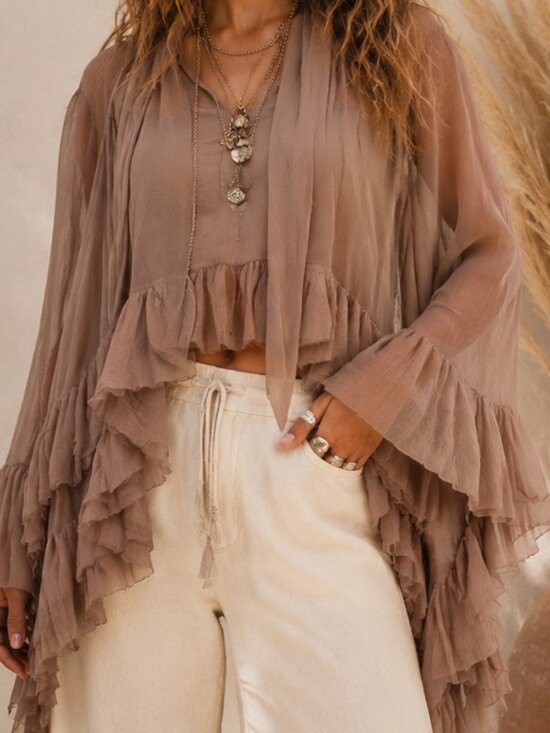 Tops - 298 | Ruffled Tie Neck Flared Sleeve Asymmetrical Shirt - Mocha